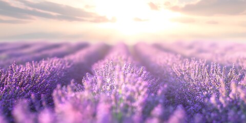 Obraz premium lavender field in sunset, Lavender Field Dreamy blurred background image of a lavender field in full bloom, with rows of purple flowers and a clear, sunny sky.