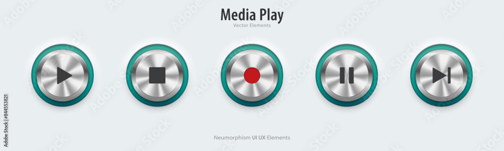 Aufkleber play multimedia sign. a set of white button have blue neon lights with multimedia symbols. 3d neumor