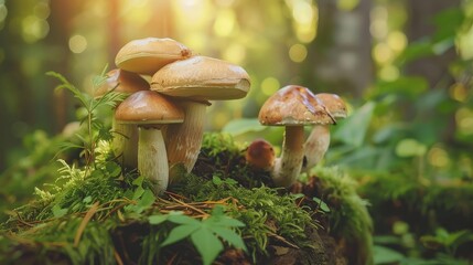 Mushrooms in Sunlit Forest Underbrush