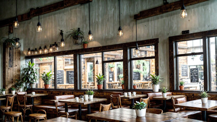 Cozy and inviting café interior with rustic wooden furniture and large windows allowing natural light to flood the space. The café features wooden tables and chairs, a row of high stools along the win