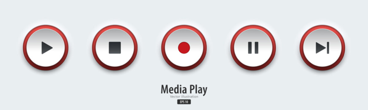 Play multimedia sign. A set of white push buttons with multimedia symbols. 3D Neumorphism design style for Apps, Websites, Interfaces, and mobile apps. UI UX. Vector illustration.