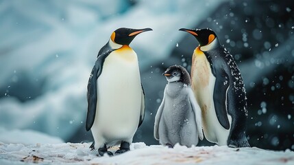 Obraz premium Three penguins standing on a snowy surface