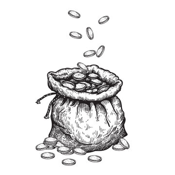 Falling money coins into open bag. Hand drawn pen and ink sketch style. Financial, profit symbol. Vector illustration.