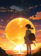 illustration of a lone person at night by moonlight in anime and cartoon style.