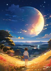 illustration of a lone person at night by moonlight in anime and cartoon style.