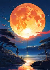 illustration of a lone person at night by moonlight in anime and cartoon style.