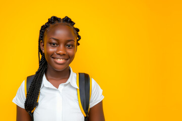 Smiling multiracial student in white shirt and backpack, isolated on yellow background. Back to school concept.