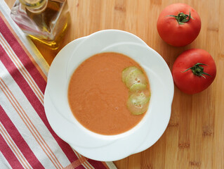Homemade Spanish Gazpacho made with fresh tomatoes, top view