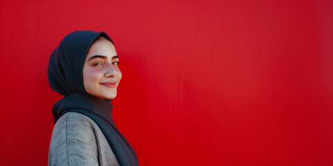 A portrait of a young smiling Muslim woman wearing a black hijab against a red background studio with copy space for text