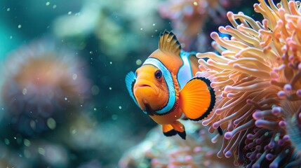 A small orange and white fish is swimming in front of a pink flower