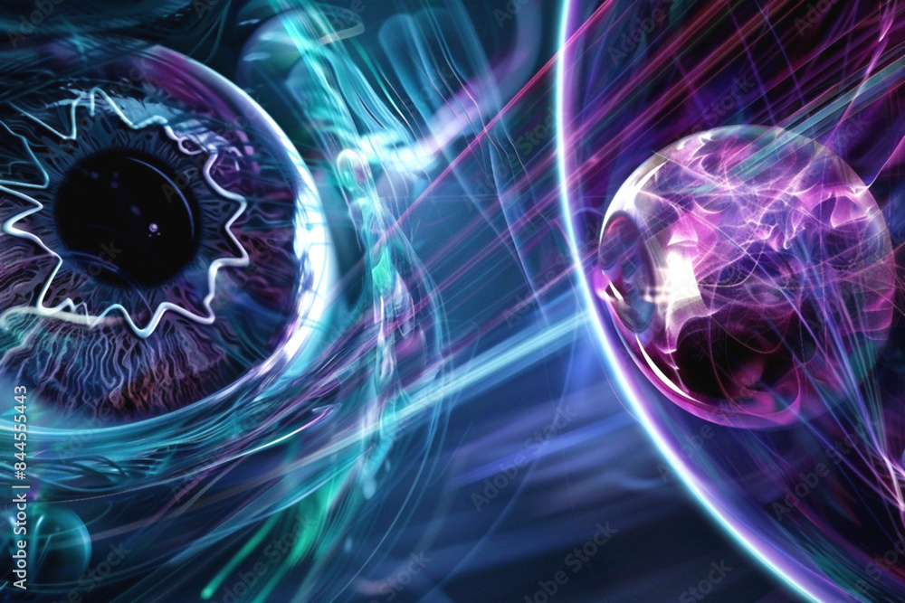 Poster futuristic blue-neon abstract glass background refracts light rays, creating a mesmerizing and vibra