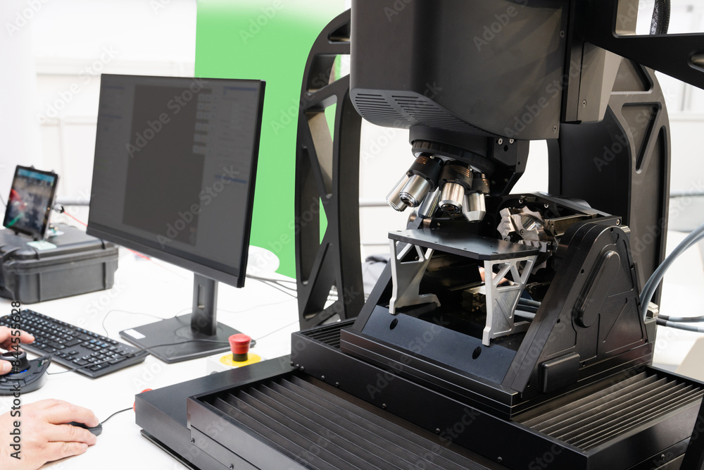 Poster optic machine for precise measurement of part size and quality evaluation. smart factory..