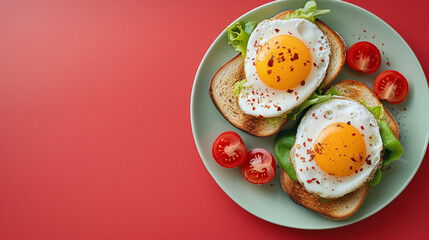 fried eggs sandwich and vegetables on plate 