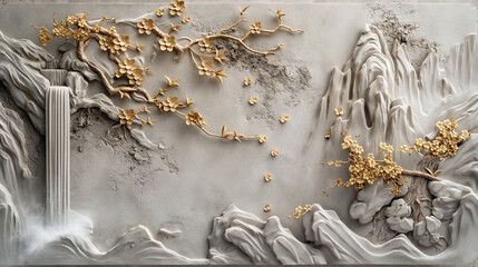 A breathtaking volumetric stucco molding on a concrete wall, showcasing a serene Japanese landscape with a cascading waterfall, towering mountains, and golden sakura blossoms gentl