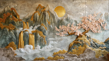 An intricate volumetric stucco mural on a concrete wall, depicting a peaceful Japanese scene with a sparkling waterfall, majestic mountain ranges, and golden elements highlighting