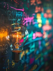 A glowing light bulb stands out against a colorful chalkboard background, symbolizing inspiration and creativity.