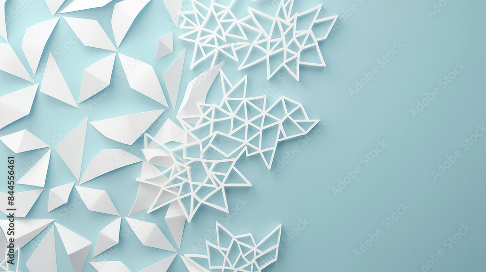 Poster an abstract design set against a light blue background, showcasing intricate white and silver geomet