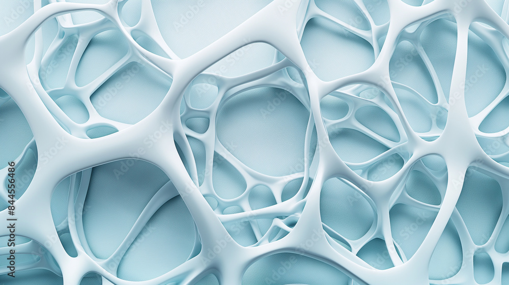 Poster an abstract design set against a light blue background, showcasing intricate white and silver geomet