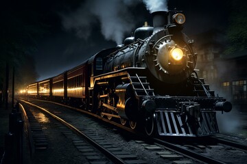 Obraz premium Atmospheric night scene with a classic steam train, illuminating the dark with its headlight