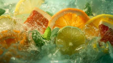 A mesmerizing photograph showcasing the vibrant hues of lemon, orange, and mint as they mingle and merge in a cascade of flavor, transforming the water into a refreshing oasis of t