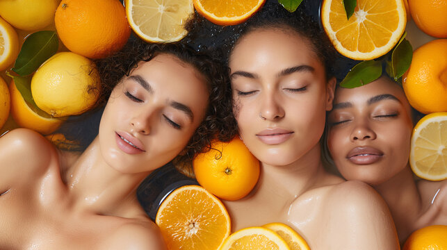 A sophisticated image capturing the essence of citrus-infused beauty rituals, with women enjoying revitalizing skin care routines amidst a backdrop of fresh citrus fruits, radiatin