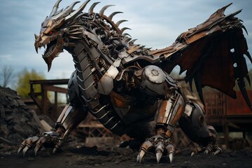 Striking image of a dragon sculpture made of metal with industrial background