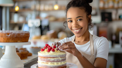 Smiling Young Female Baker Decorating Cake with Berries in Sunlit Bakery