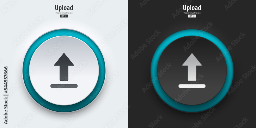 Aufkleber Upload sign. A set of black and white push buttons with upload symbols. Upload icon. 3D Neumorphism design style for Apps, Websites, Interfaces, and mobile apps. UI UX. Vector illustration.