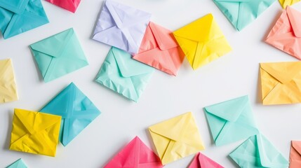 A vibrant assortment of colorful envelopes scattered on a white background, creating a playful and optimistic visual.