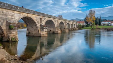 Naklejka premium A medieval bridge with gothic arches spans a tranquil river, with a charming village in the background.