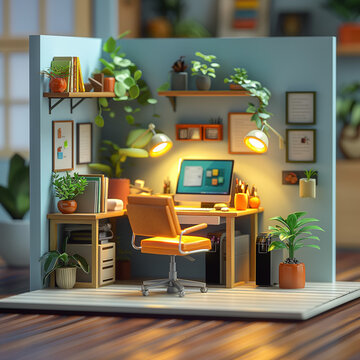 Modern office room 3d rander with computer and plant lamp on work desk