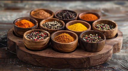 Assorted spices in wooden bowls on round tray
