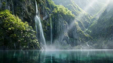 Canyon, waterfall, waterfall rushing into the lake, water splashing, calm mist, water, wide lake surface, rhododendrons blooming on the mountain