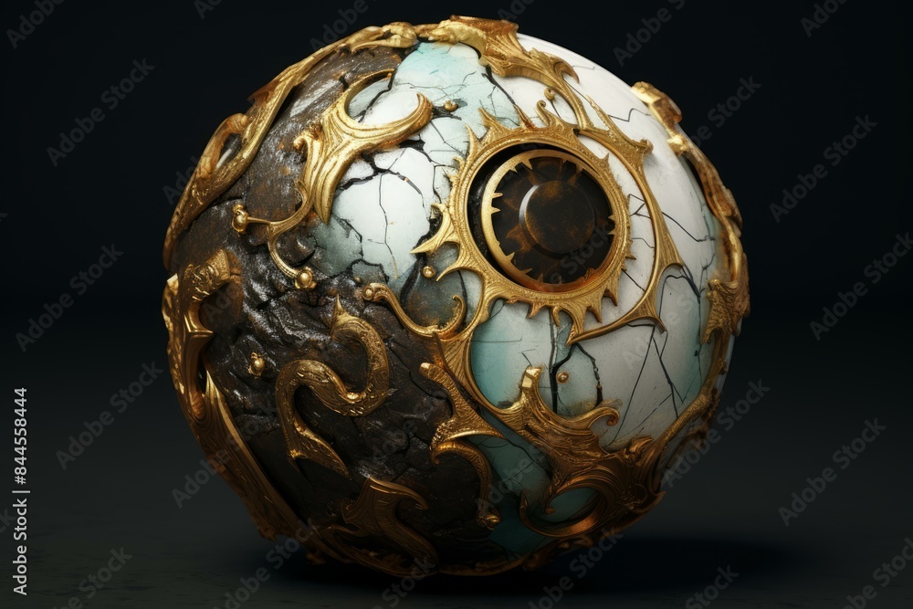 Poster detailed 3d rendering of a steampunk-style sphere adorned with gold details on a dark background