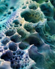Abstract blue and green textured surface with a porous and cellular structure.