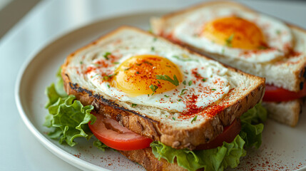 fried eggs sandwich and vegetables on plate 