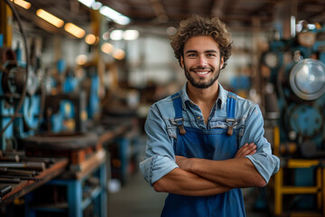 A portrait is depicted of a confident young man working in an industrial workshop