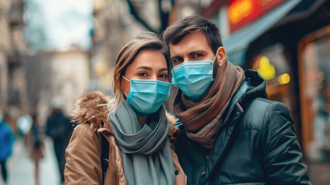 Diverse couple wearing protective masks to prevent COVID 19