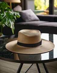 hat on the terrace, Summer hat on a black stone table with modern black furnishings, black stone table with summer hat and black home interior with furniture, Summer hat isolated