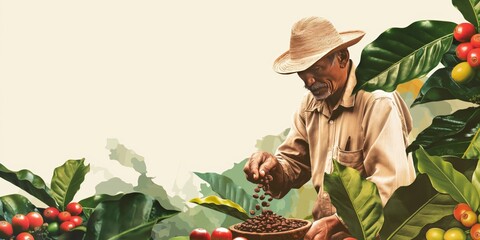 This image captures a farmer handling coffee beans with coffee plants in the background. The natural setting and traditional attire convey the essence of coffee farming.