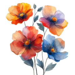 The image shows a bouquet of four watercolor flowers. The flowers are orange, red, purple, and blue. The bouquet is tied together with a green ribbon. The background is white.