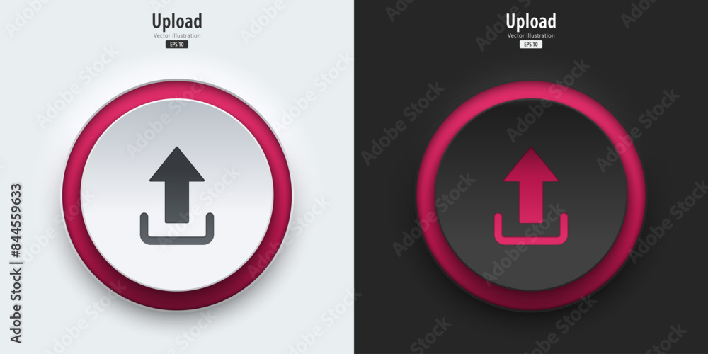 Fototapete Upload sign. A set of black and white push buttons with upload symbols. Upload icon. 3D Neumorphism design style for Apps, Websites, Interfaces, and mobile apps. UI UX. Vector illustration.