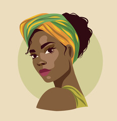  Vector illustration portrait of a beautiful black afro woman with a turban scarf on her head. Avatar icon for social networks