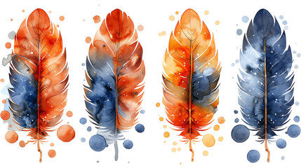 Four feathers. Red and blue. Isolated on black background.