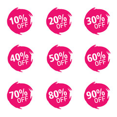 Discounts numbers of percent sign in pink and white colors isolated on white background, from 10% to 90% discounts.