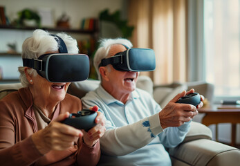 Elderly couple enjoying virtual reality gaming with VR headsets, a modern form of recreation