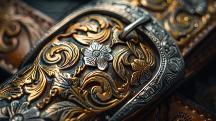 Discover the intricate beauty of a cowboy belt buckle, featuring detailed engravings and masterful metalwork craftsmanship that exemplify the essence of Western elegance and tradition.