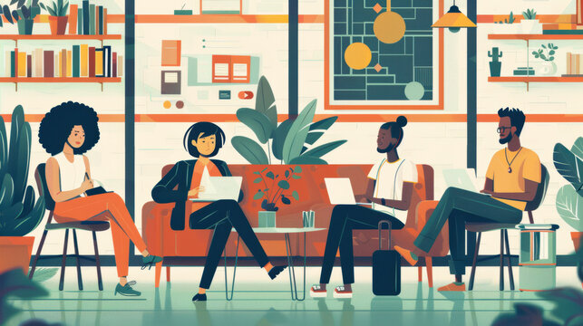 Creative illustration artwork, representation of diverse individuals collaborating in a modern workspace