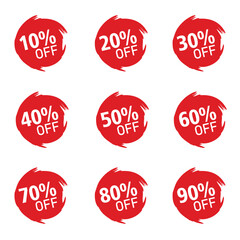 Discounts numbers of percent sign in red and white colors isolated on white background, from 10% to 90% discounts.