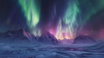 Naklejka premium The Aurora Borealis lights up the night sky over snow-covered mountains, creating a breathtaking natural spectacle. 